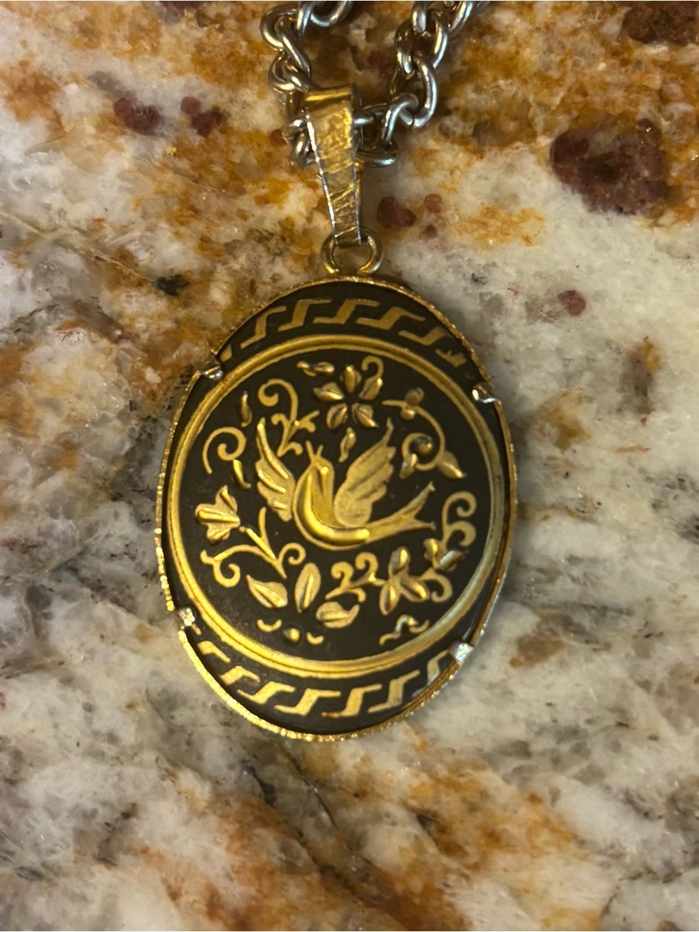Vintage Damascene Gold-Toned Bird and Floral Medallion Pendant Necklace